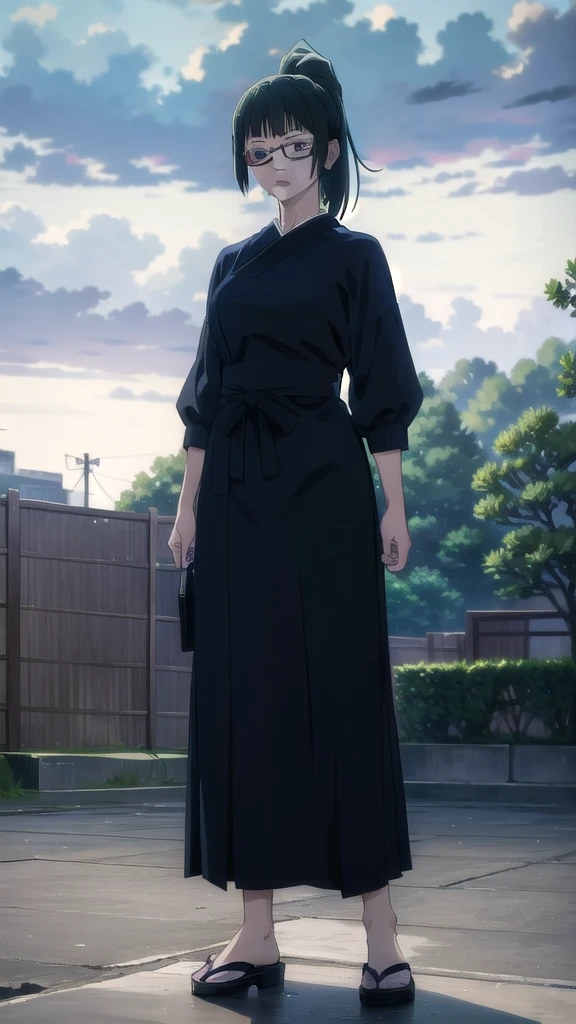 zenin_maki,ponytail,glasses,bangs,green hair,brown eyes,japanese dress,BREAK looking at viewer,BREAK (masterpiece:1.2), best quality, high resolution, unity 8k wallpaper, (illustration:0.8), (beautiful detailed eyes:1.6), extremely detailed face, perfect lighting, extremely detailed CG, (perfect hands, perfect anatomy),city,street,night,lights,wet road,long legs,full body.
