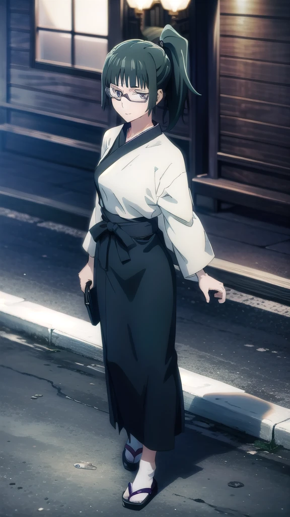 zenin_maki,ponytail,glasses,bangs,green hair,brown eyes,japanese dress,BREAK looking at viewer,BREAK (masterpiece:1.2), best quality, high resolution, unity 8k wallpaper, (illustration:0.8), (beautiful detailed eyes:1.6), extremely detailed face, perfect lighting, extremely detailed CG, (perfect hands, perfect anatomy),city,street,night,lights,wet road,long legs,full body.