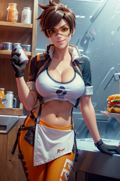 Tracer as a fast food worker, fast food restaurant, fast food counter, sexy fast food apron, sexy fast food uniform, midriff, cleavage, french fries, hamburger, cheeseburger, soda, milkshake, cashier, order taking, cooking, serving, smiling, friendly expression, dynamic pose, bright lighting, warm colors, photorealistic, (best quality,4k,8k,highres,masterpiece:1.2),ultra-detailed,(realistic,photorealistic,photo-realistic:1.37)