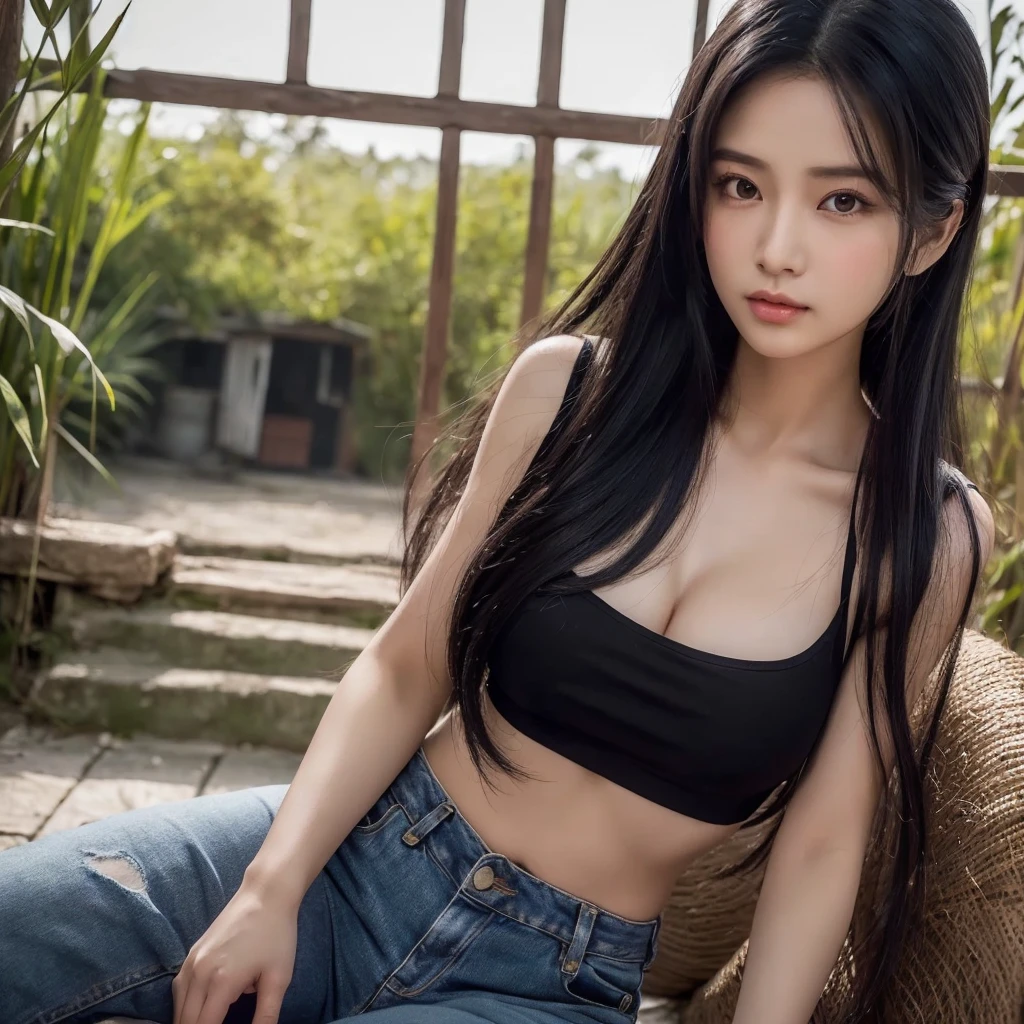 ภาพถ่ายหน้าตรงThai anime, Female anime Araffe 25 30 years old, realistic: Open the aperture wide., professional lighting, Sony A7R4, 50 mm sitting lens. 2 ; Warm light, (digital painting, HDR, high contrast (digital painting, HDR, high contrast), (Highest quality),(Masterpiece:1.3),(sharp focus:1.2:),Old jeans torn, bright colored t-shirts, Looking straight at you intently, Long-haired woman with a round face, Red cheeks, Pink cheeks, black eyes ตาสองชั้น, black eyes, Thai anime, Has a large chest size of 38 inches., ponytail woman, flowing black hair, long flowing black hair, she has black hair, Her black hair was long and wavy., beautiful black hair, Extra dark natural black hair, The shirt is tight., Looks hot., ,black eyes,abdominal muscles, rounded chest, outdoor, The background is a rice field., There is an old thatched Thai-style hut in the background., The evening sun shines, beautiful female model, jaw-dropping beauty, realistically,