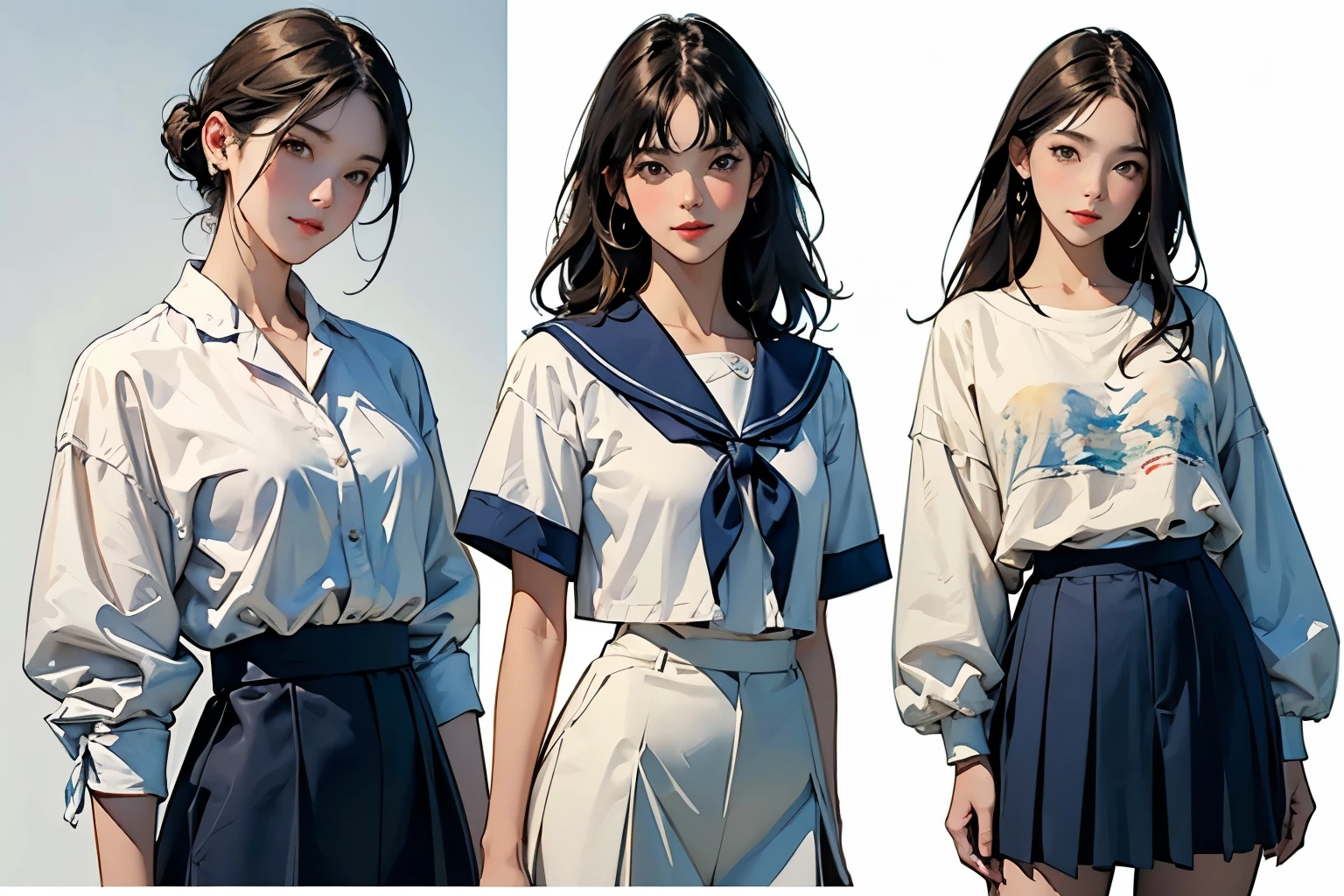 (Perfect Face,Illustration of three women in different clothes)、(3 Girls、With 3 people、natural standing posture)、(Girls standing in line)、( Half-body illustration)、((Character Concept Art))、(Detailed facial depiction、A kind smile)、Short dark brown hair、White Sailor Suit、Navy blue sailor collar、mini skirt、Pleated skirt、shoes、loafers、(Vintage、Classic)、(No logo)、((Watercolor of singer Sargent))、Impressionist style painting、White Background、(Front view:1.4)、(masterpiece, Highest quality:1.2),