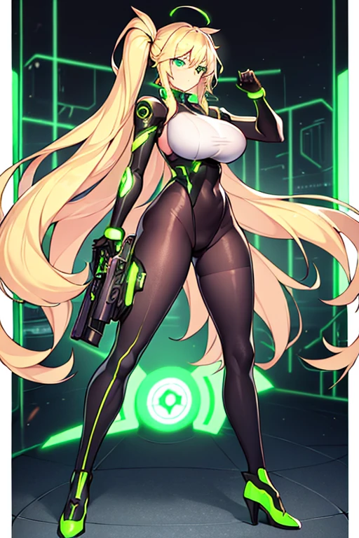 1girl, green eyes, blonde hair, long hair, large breasts, hourglass figure, bodysuit, white bodysuit, neon, neon trim, machinery, tech, science-fiction, futuristic, serious, standing, full body, ((full body)),, pantyhose, black pantyhose, wavy hair, fighting stance, drone, robot girl, gun