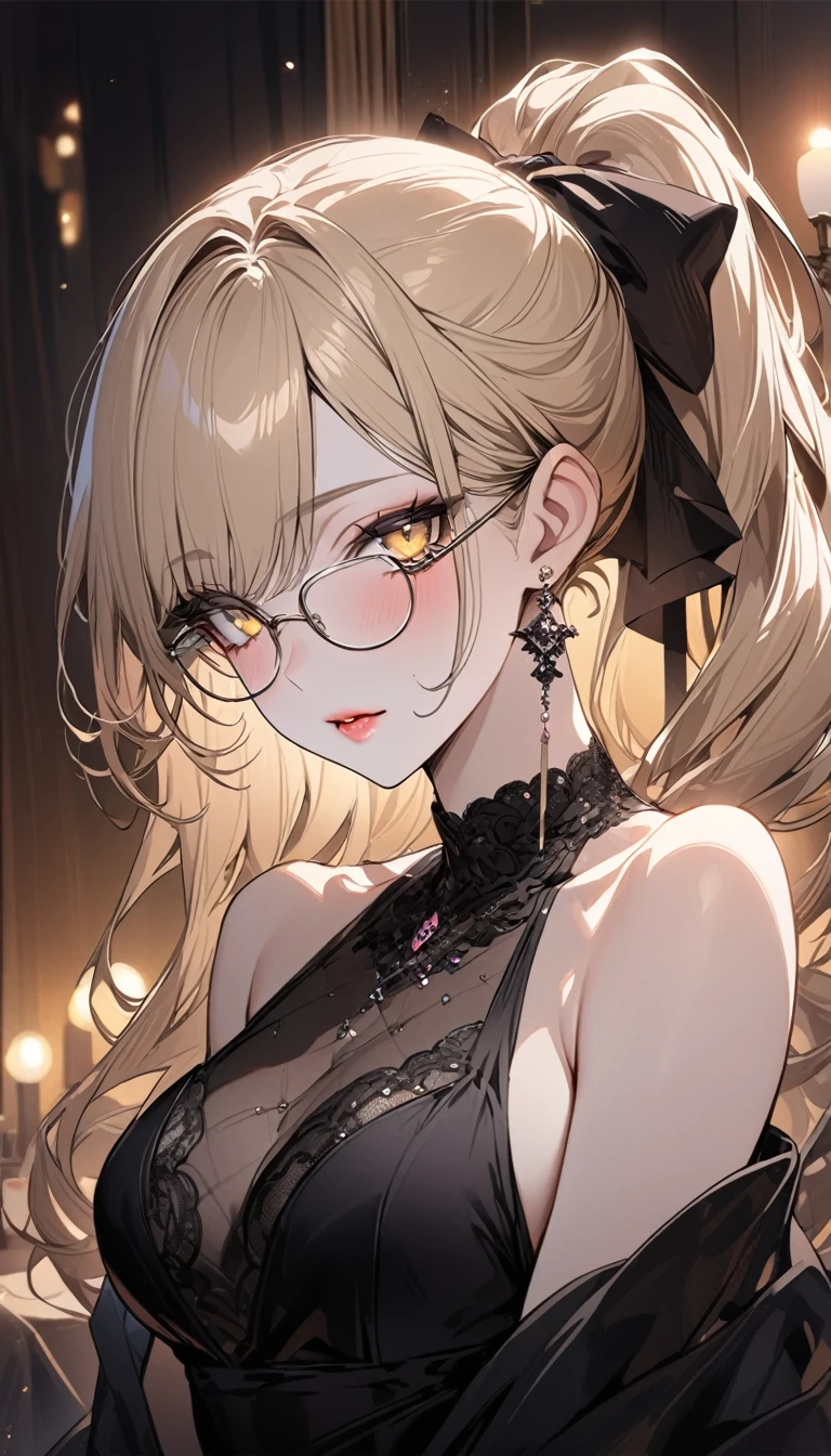 Highest quality masterpiece High resolution Long blonde hair ponytail Character Portrait Yellow Eyes Glasses Pale pink lips E Cup Black formal dress dinner