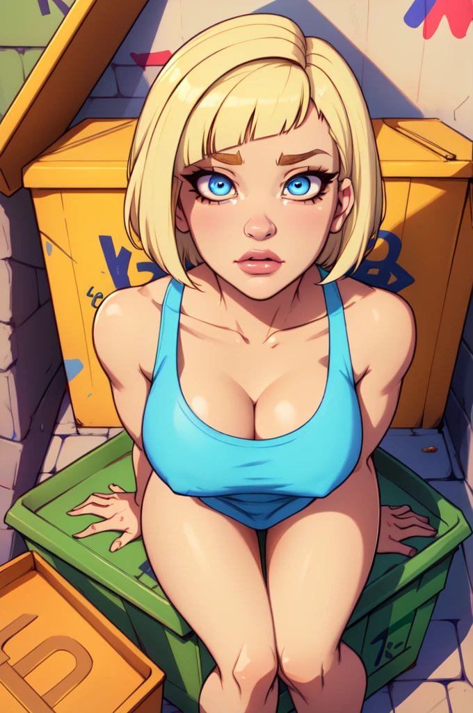 ((best quality)), ((highly detailed)), absurdres, (detailed eyes, deep eyes), (1girl), from above view looking down, sitting on her knees, Gwen (total drama), slim, skinny, blue eyes, short hair, bangs, blonde hair, makeup, large breasts, no shirt, nude, looking straight up at viewer, background is block wall and dumpster, graffiti
