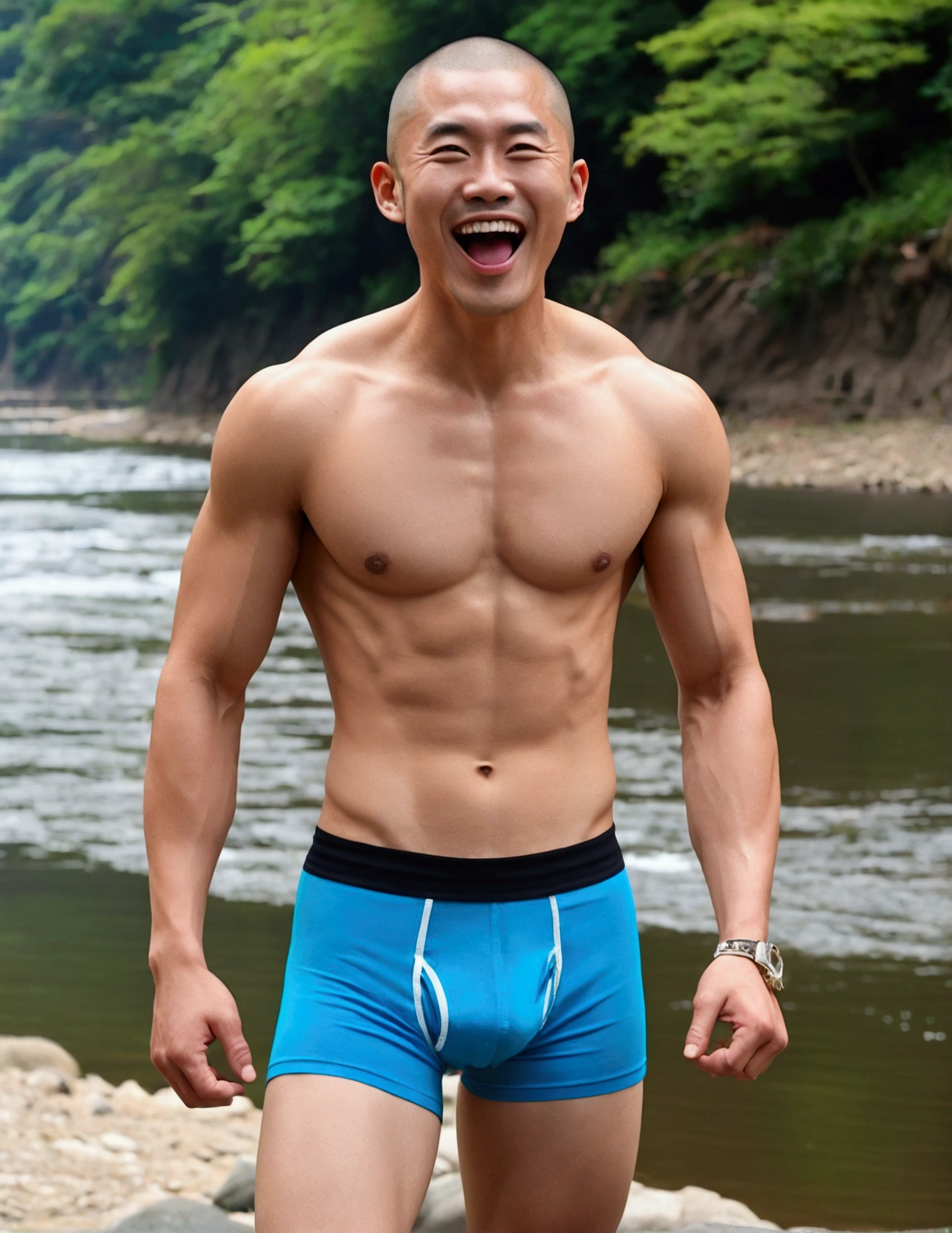 Japanese men、Shaved head with very enlarged and well-trained muscles、While showing off some very revealing, flashy and colorful thin boxer briefs、At the River、The whole body is visible、Smiling with his mouth wide open、Showing tongue、Very boyish and handsome、