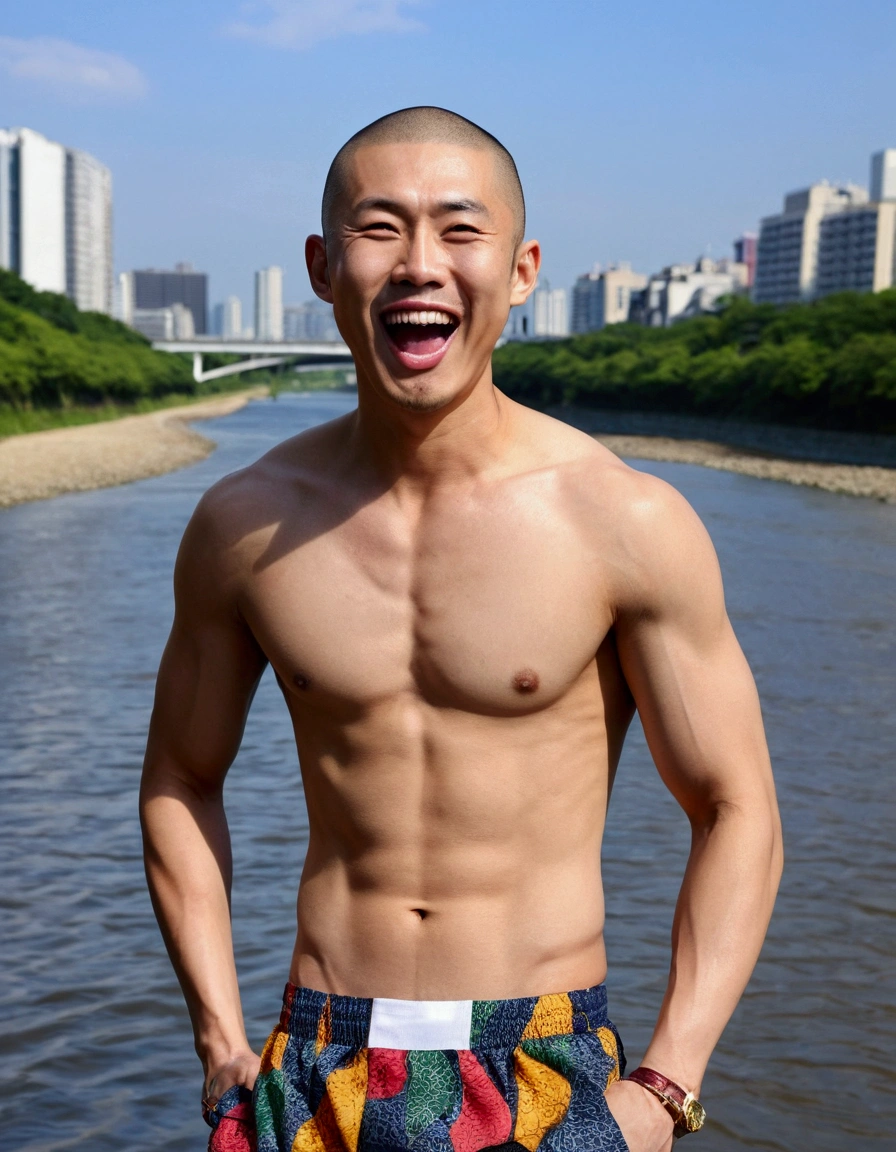 Japanese men、Shaved head with very enlarged and well-trained muscles、While showing off some very revealing, flashy and colorful thin boxer briefs、At the River、The whole body is visible、Smiling with his mouth wide open、Showing tongue、Very boyish and handsome、