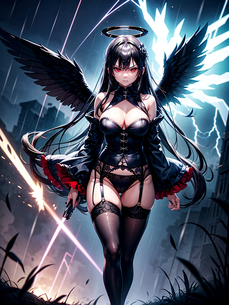 Highest quality,Highest Resolution,Beautiful girl with angry face in gothic lolita leotard,High leg,Floating in the air,Halo,Night Sky,Lightning strikes,Thick Lightning,Very beautiful red eyes,rain,豪rain,(((Black angel wings on the back))),whole body,front,Black Hair,In hand1Has a big gun,Knee-high stockings,Garter belt