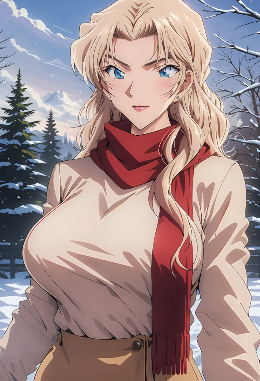 (best quality,4K,8K,high resolution,masterpiece:1.4),Ultra Detailed,Detail face:1.3,White sweater,red scarf,Perfect body,Large Breasts,Fashion,winter,Snowflakes falling,Anime style