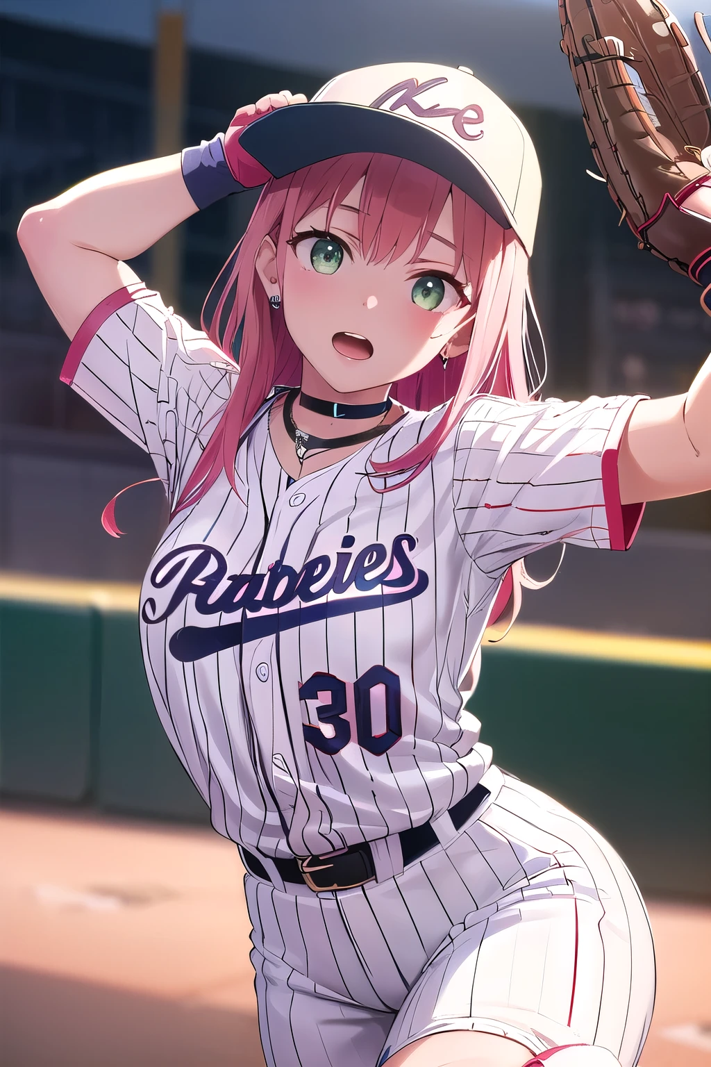 (8K, top-quality, masterpiece:1.2), (reallistic, Photorealsitic:1.37), Super Detail, One girl,), (Highly detailed), (beautifully detailed eyes), (of the highest quality), (super detailed ), (masterpiece), (Detailed face),20yr old, ,1 girl, ((pink hair,long hair)), medium breasts, clothed, Perfect Lighting, BREAK, (glossy baseball uniform:1.5), royal blue, red stripes, (short sleeve top:1.2), V-neck, white trim, (baseball gloves:1.1), choker, diamond stud earrings, (satiny fabric:1.2), linen, (high waist shorts:1.1), red sports socks, baseball spikes, BRAKE, (bust up photo:1.2), long pink hair, wavy, (voluminous hair:1.1), cute expression, slightly open mouth, tilted head, (sexy:1.2), face turned slightly, chest touching pose, hands on chest, one leg forward, (baseball stadium lights:1.1), brown and green background, spotlight effect, (shadowy:1.1), BRAKE