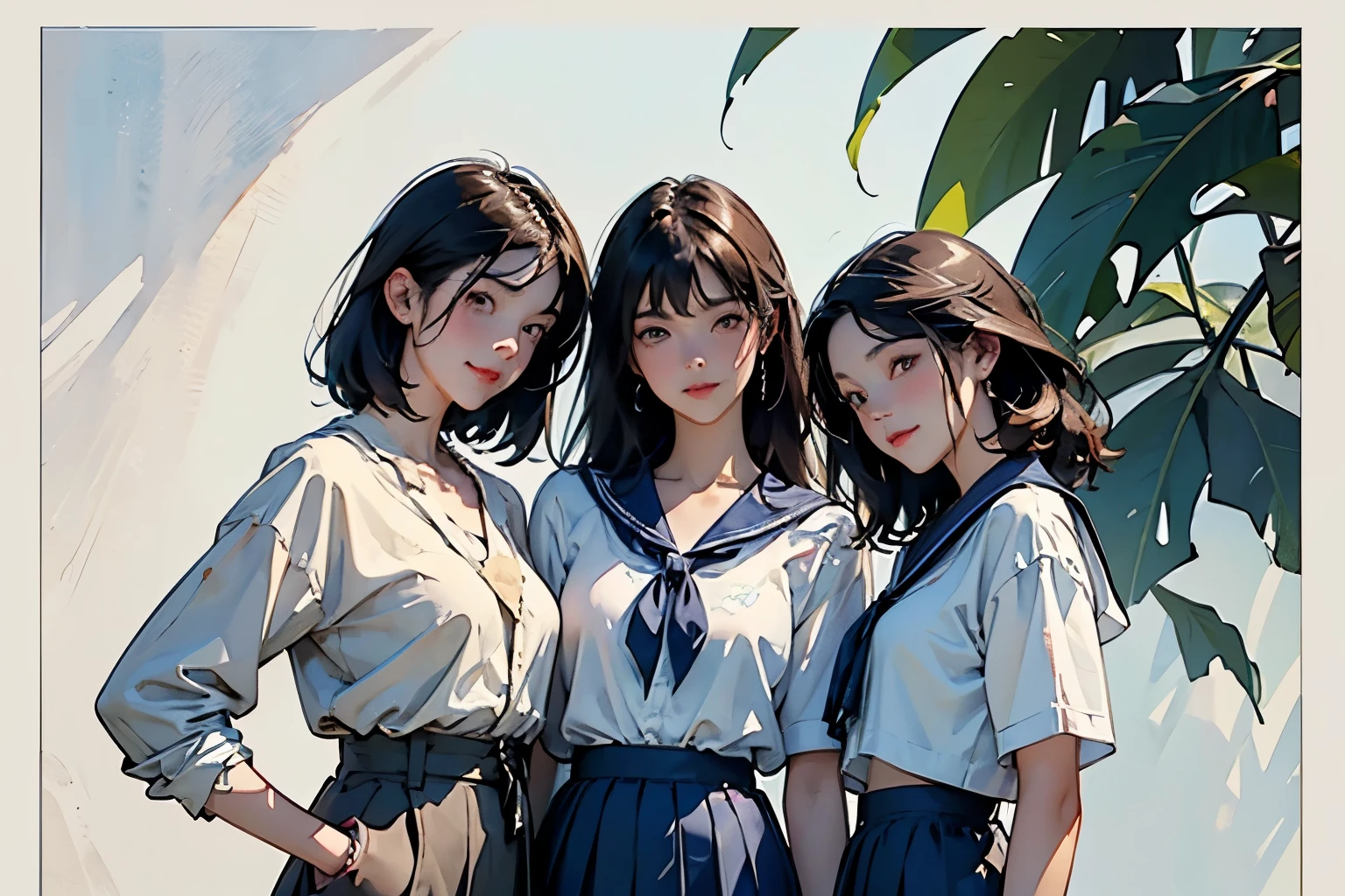 (Perfect Face,Illustration of three women in different clothes)、(3 Girls、With 3 people、natural standing posture)、(Girls standing in line)、( Half-body illustration)、((Character Concept Art))、(Detailed facial depiction、A kind smile)、Short dark brown hair、White Sailor Suit、Navy blue sailor collar、mini skirt、Pleated skirt、shoes、loafers、(Vintage、Classic)、(No logo)、((Watercolor of singer Sargent))、Impressionist style painting、White Background、(Front view:1.4)、(masterpiece, Highest quality:1.2),