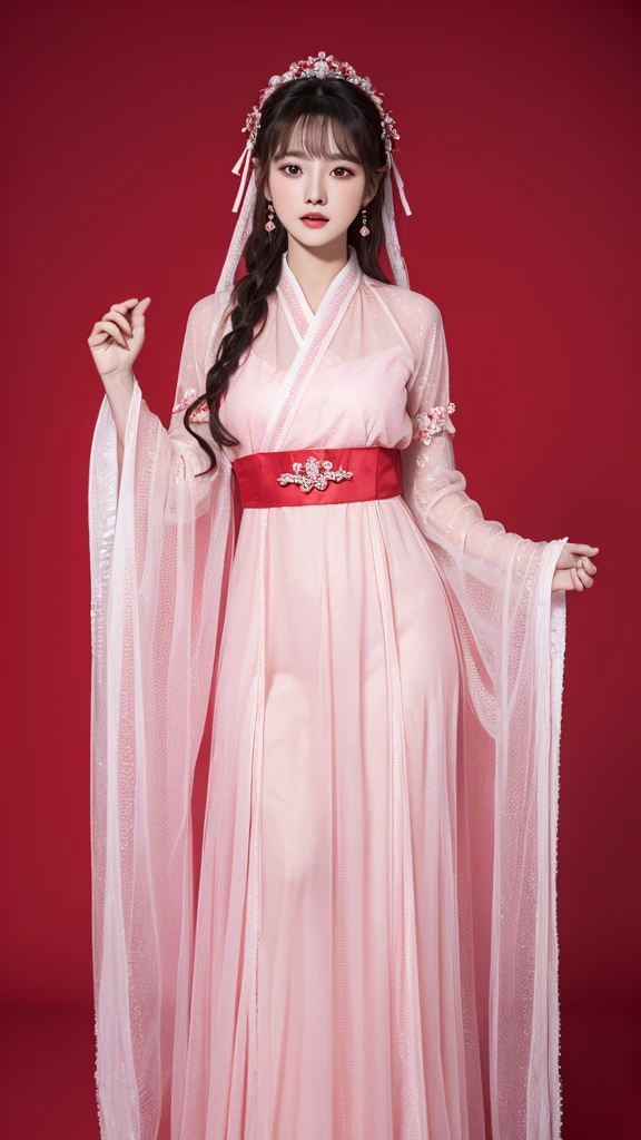 red background,1girl,solo,dancing,,ruanyi0758,hanfu,pink dress,see-through,shawl,wide sleeves,jewelry,8k,1girl,solo,