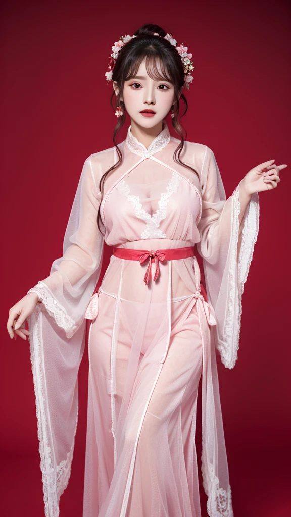 red background,1girl,solo,dancing,,ruanyi0758,hanfu,pink dress,see-through,shawl,wide sleeves,jewelry,8k,1girl,solo,