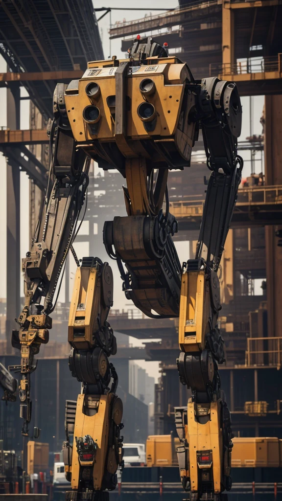 "Create an atmospheric scene at a construction site where a diverse team of iron-bar robots diligently work alongside human counterparts. The focus should capture the intricate blend of these robots seamlessly integrated into the bustling backdrop of cranes, steel beams, and workers, illustrating their pivotal role in modern construction practices."