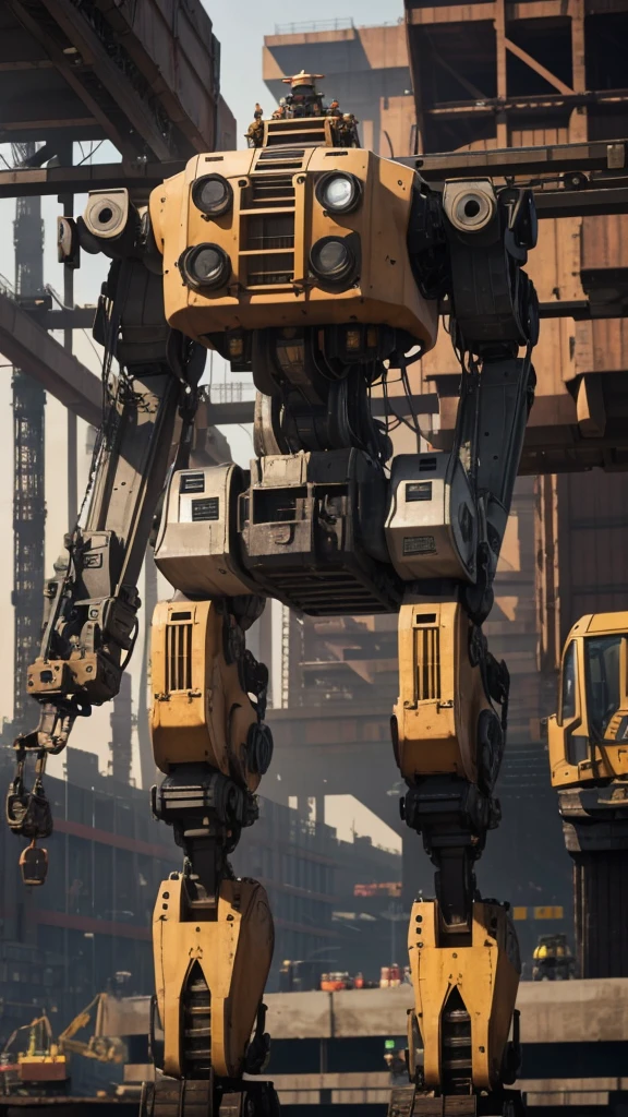 "Create an atmospheric scene at a construction site where a diverse team of iron-bar robots diligently work alongside human counterparts. The focus should capture the intricate blend of these robots seamlessly integrated into the bustling backdrop of cranes, steel beams, and workers, illustrating their pivotal role in modern construction practices."