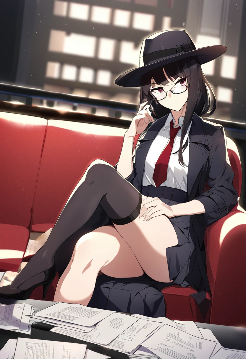 Detective girl, anime, masterpiece, best quality, 1 girl ( black trench coat, suit, skirt, fedora, glasses, cross-legged, sitting on sofa, necktie, right hand hold magnifier:1.2, left hand on sofa), ( table, papers on table ), window, ofice background, bokeh:1.1, serious, NEGATIVE_HAND,NEGATIVE_HAND-NEG
