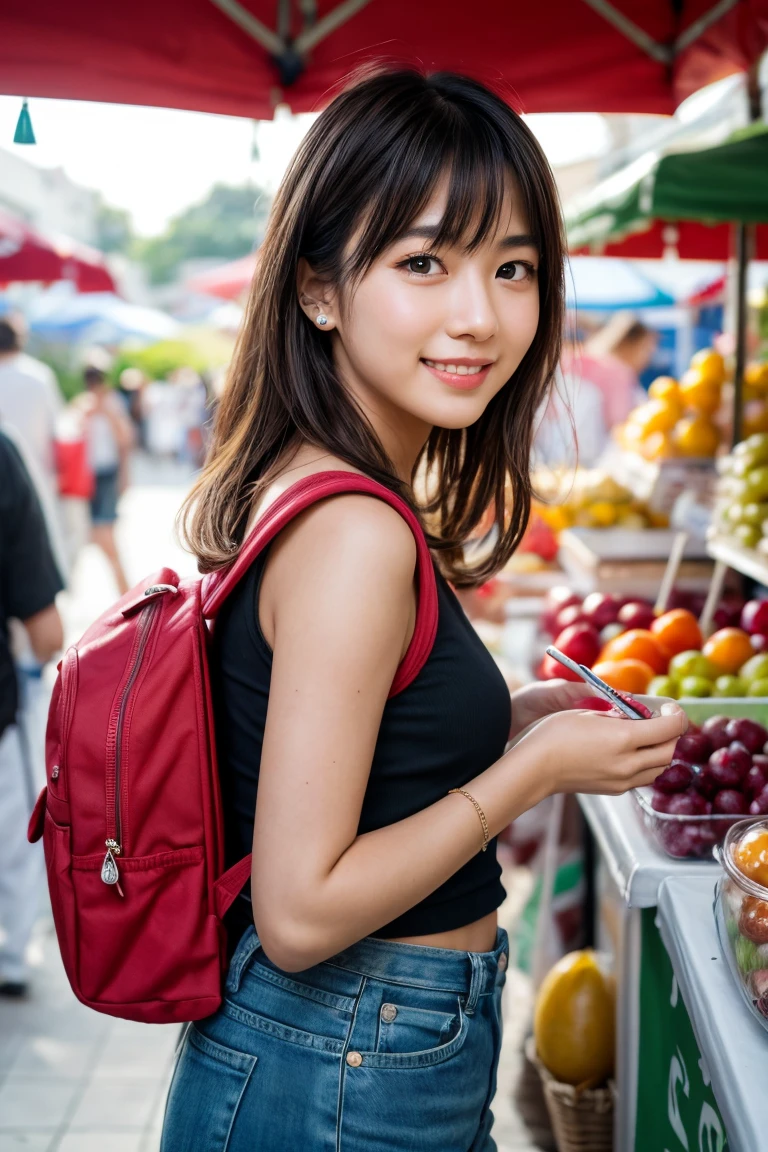 ((masterpiece)), ((best quality)), (ultra-detailed), ((kawaii)), cute, (lovely), ((extremely detailed)), 4K, (8K), best quality, (beautiful), photorealistic, upper body, carefree, a cute girl, 1girl, solo, smile, blush, carry a small backpack, exploring a vibrant summer market, stalls selling fresh fruit and handmade crafts, cinematic lighting, sharp shadows,