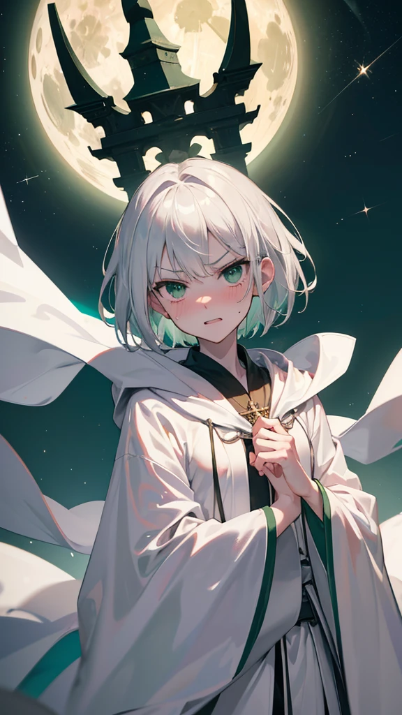 Best quality, Ultra detailed, best quality, insanely detailed, beautiful, masterpiece, 8k, 
break  
(full moon:1.2), night sky, refraction Glowing white lines ,Crossing Light,Shining Background, 
break 
1lady, silver hair, (short hair:1.2), forehead, horn on forehead, black eyes, ultra detailed eyes, wizard robe, (white robe:1.5), long robe, (green doublet:1.5), tall stature, slender body, flat chest, red fire ball on left hand, white sparkle ball on right hand,
Break
Upper body, from front,low angle (evil smile;1.5), evil grin,(scowl:1.1), (stare at viewer:1.5),  (embarrassed,blush:1.3), (ecstasy:1.3) ,(slut:1.2),(vulgarity:1.3),(wet:0.8),(sweat:0.8), condescending snigger ,open mouth, 