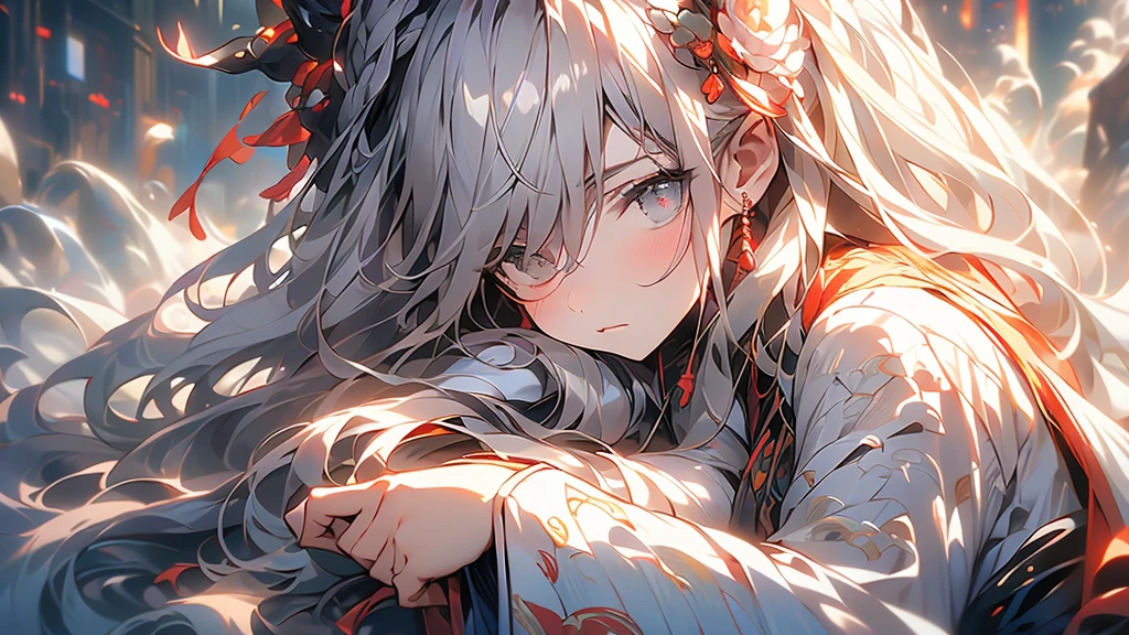 super high quality, masterpiece, Perfect illustration, Very detailed (Exquisite light and shadow, Very dramatic photo,Backlight) , ((Gray Hair:1.5))1 Girl,(( alone:1.6)), (Wearing Han clothes, Black and white Hanfu,Monotony,Long sleeve) (White smoke:1.3) (Realistic:1.4), Official Art, unity 8k wallpaper, Very detailed, Beautiful and beautiful, masterpiece, Highest quality, (Dynamic Angle: 1.4), Glowing Skin, (Floating colorful flashes: 1) The most beautiful chaotic shapes, elegant, Brutalist Design, Bright colors, Romantic Depth of Field Exotic_dance, half_naked、Expose your shoulderedium breasts、Great cleavage、Lean forward