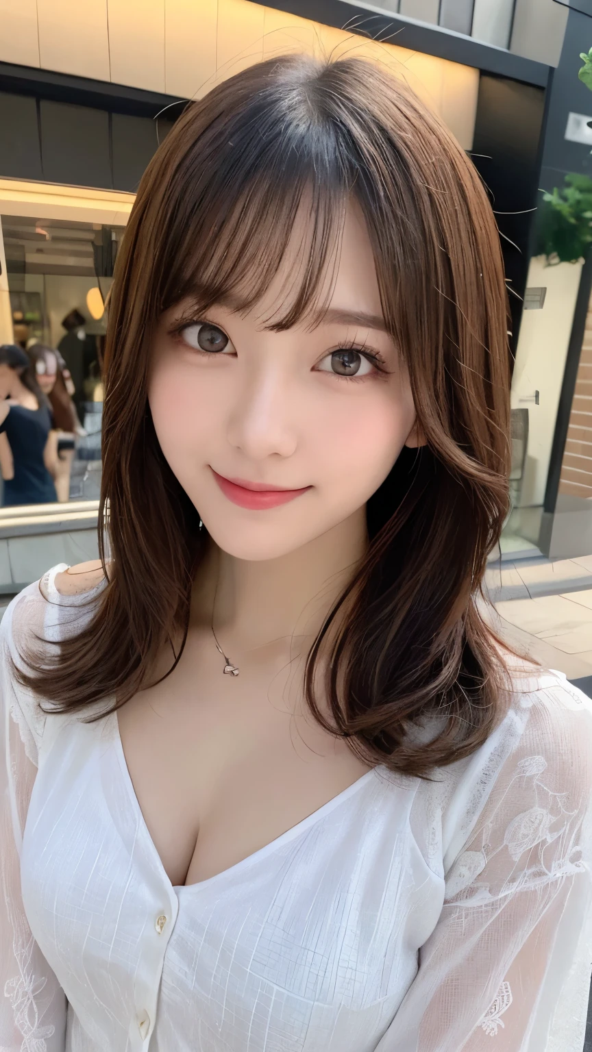 masutepiece, Best Quality, Illustration, Ultra-detailed, finely detail, hight resolution, 8K Wallpaper, Perfect dynamic composition, Beautiful detailed eyes, summer blouse setup clothes,Medium Hair,Small breasts natural color lip, Bold sexy poses,Smile,Harajuku、18 years girl、Cute、Sexy shot looking at camera
