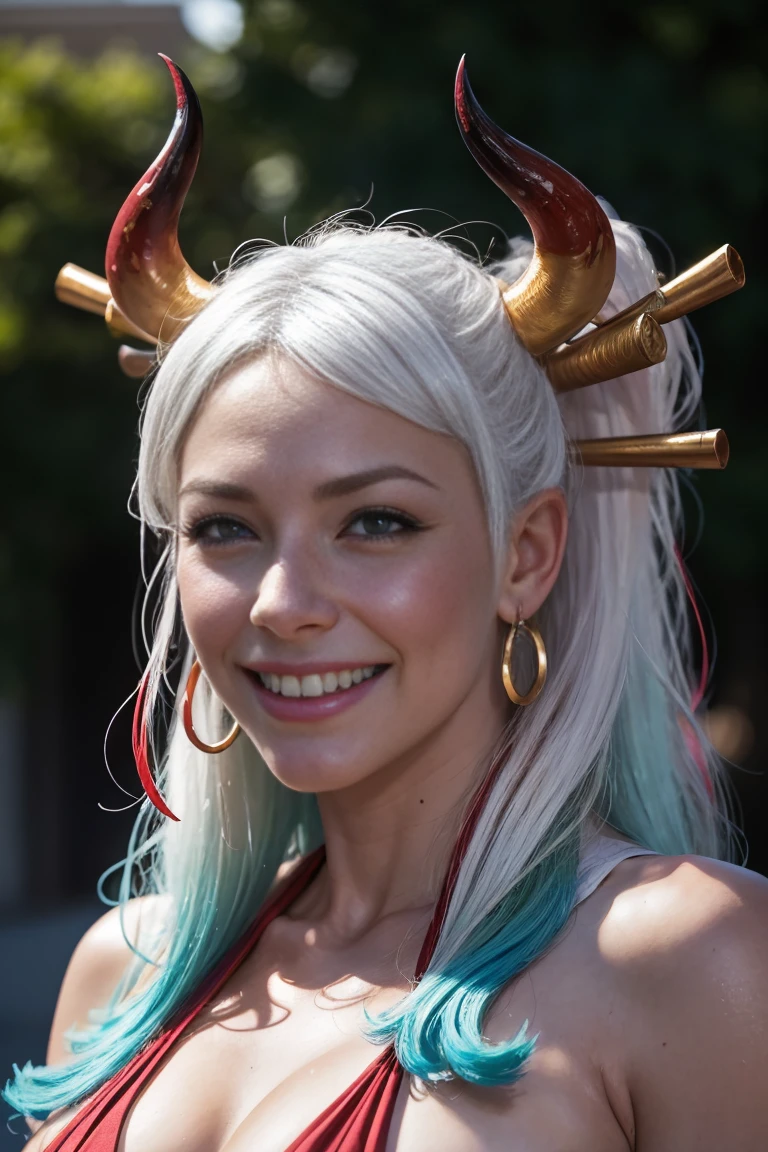best quality, masterpiece, 4k, absurd res, UHD, ultra-detailed, detailed eyes, detailed skin, detailed hair, detailed face, (face of Evangeline Lilly:Blake Lively), detailed fabric, (1 young beautiful girl, solo:1.1), Yamato (one piece), (multicolored hair, long hair, white hair, aqua hair, two-tone hair, high ponytail, hair stick, hair ornament), (natural big breasts:1.2), (sideboob:1.2), (shimenawa, Japanese clothes with shimenawa, rope, sleeveless kimono, bare arms, kimono, sleeveless, oni, bare shoulders, hakama), (curled horns, red horns, multicolored horns), (happy smile:1.2), earrings, jewelry, (big eyes, brown eyes), collarbone, cowboy shot, v-shaped eyebrows, ((hourglass shape)), sexy pose, ((NSFW))