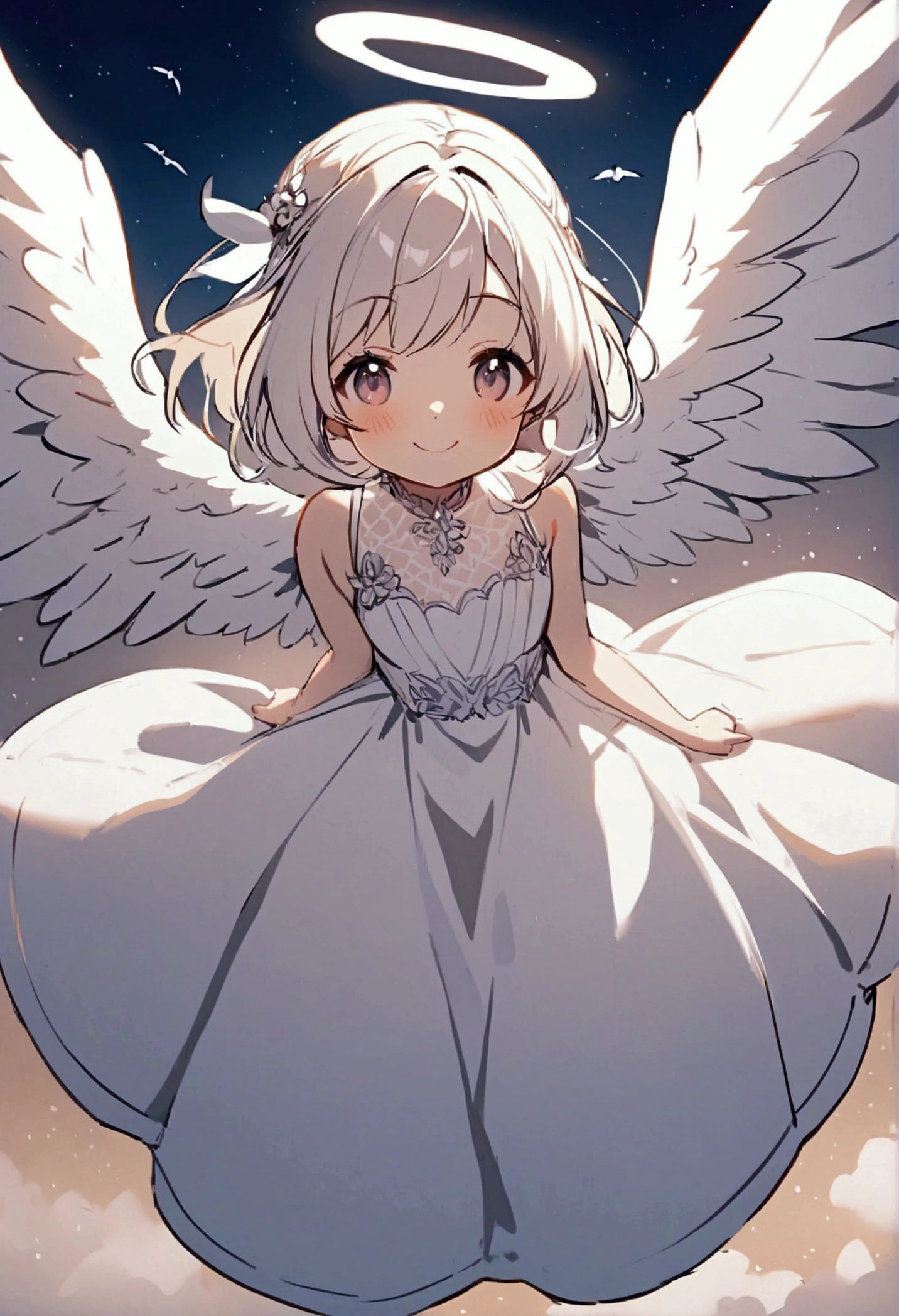 Angel Wings,One girl,cute,Big white wings,White dress,Flying in the sky,smile,