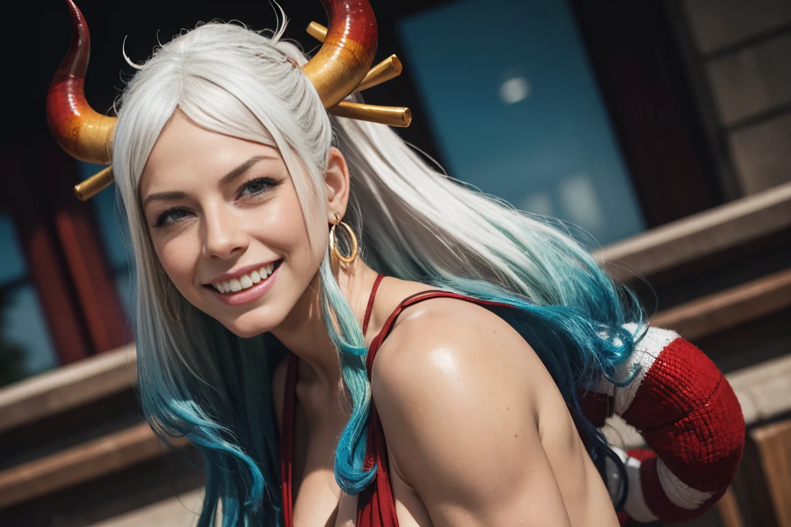 best quality, masterpiece, 4k, absurd res, UHD, ultra-detailed, detailed eyes, detailed skin, detailed hair, detailed face, (face of Evangeline Lilly:Blake Lively), detailed fabric, (1 young beautiful girl, solo:1.1), Yamato (one piece), (multicolored hair, long hair, white hair, aqua hair, two-tone hair, high ponytail, hair stick, hair ornament), (natural big breasts:1.2), (sideboob:1.2), (shimenawa, Japanese clothes with shimenawa, rope, sleeveless kimono, bare arms, kimono, sleeveless, oni, bare shoulders, hakama), (curled horns, red horns, multicolored horns), (happy smile:1.2), earrings, jewelry, (big eyes, brown eyes), collarbone, cowboy shot, v-shaped eyebrows, ((hourglass shape)), sexy pose, ((NSFW))
