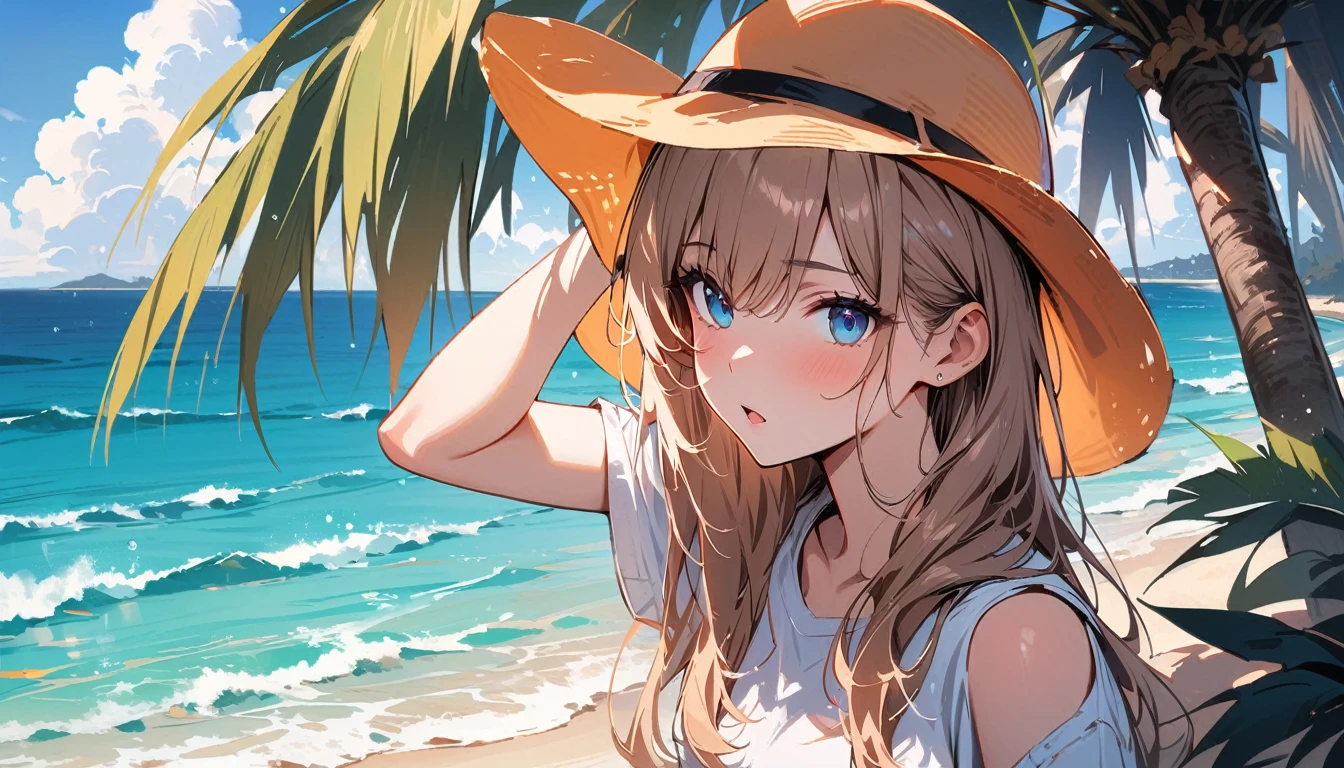 (masterpiece, Highest quality:1.2), 1 Girl, alone,Eyes open,Are you having fun,Tropical atmosphere,Ocean