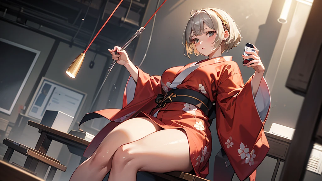 headphoneをつけて笑顔、Red cheeks、Detailed face、Official Art, masterpiece, Highest quality,１Portrait photo of a girl、, 16-year-old girl , Wearing a yukata、(silver, metallic, ) 8K, Blonde,short hair, High resolution, ( Butt:1.2)(headphone:1.2),(Excellent rendering, Stand out in the same class), (Amazing details, Excellent lighting, Wide-angle), Big Breasts(0.6), Plump thighs、Absolute area, Detailed Background、