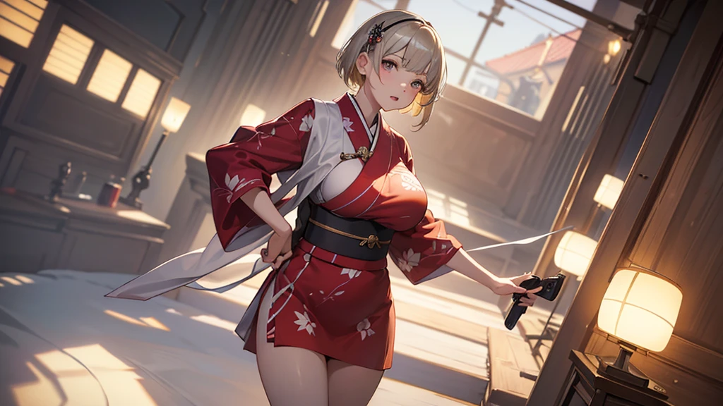 headphoneをつけて笑顔、Red cheeks、Detailed face、Official Art, masterpiece, Highest quality,1Portrait photo of a girl、, , Wearing a yukata、(silver, metallic, ) 8K, Blonde,short hair, High resolution, ( Butt:1.2)(headphone:1.2),(Excellent rendering, Stand out in the same class), (Amazing details, Excellent lighting, Wide-angle), Big Breasts(0.6), Plump thighs、Absolute area, Detailed Background、