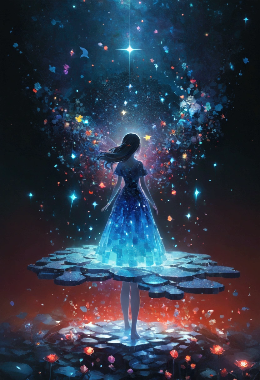 night,Beautiful girl with blue gradient dissolving pixels, 3D Voxel Blocks, A structure that was initially intact but gradually disintegrated in the air, Thousand Flower Glass, Starry Sky,fantasy,magic,mystery,illusory,Dreamy,Inverted, red symmetry, high quality,Octane Rendering,Concept map of the scene,