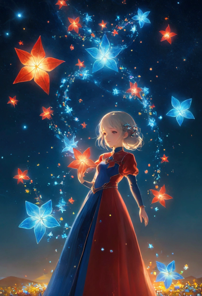 night,Beautiful girl with blue gradient dissolving pixels, 3D Voxel Blocks, A structure that was initially intact but gradually disintegrated in the air, Thousand Flower Glass, Starry Sky,fantasy,magic,mystery,illusory,Dreamy,Inverted, red symmetry, high quality,Octane Rendering,Concept map of the scene,