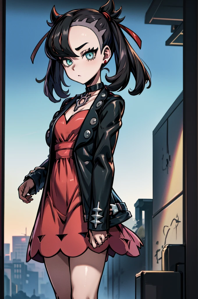 (masterpiece, best quality), 1girl, marnie_pokemon, choker, red ribbon, black choker, dress, jacket, black jacket