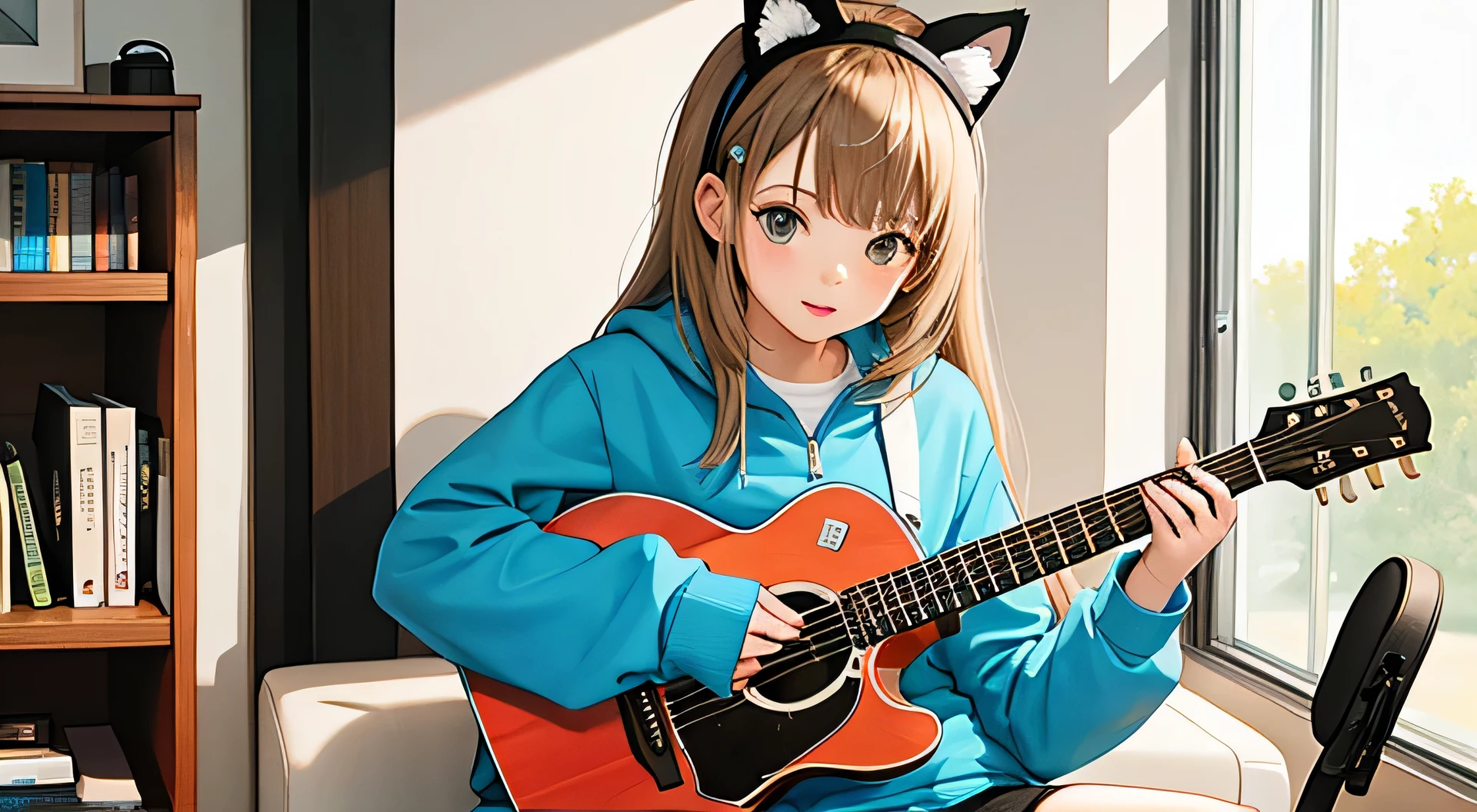 Cute girl playing guitar in the room,Girl in tracksuit and shorts,Girl sitting on chair,Wearing a cat headband,