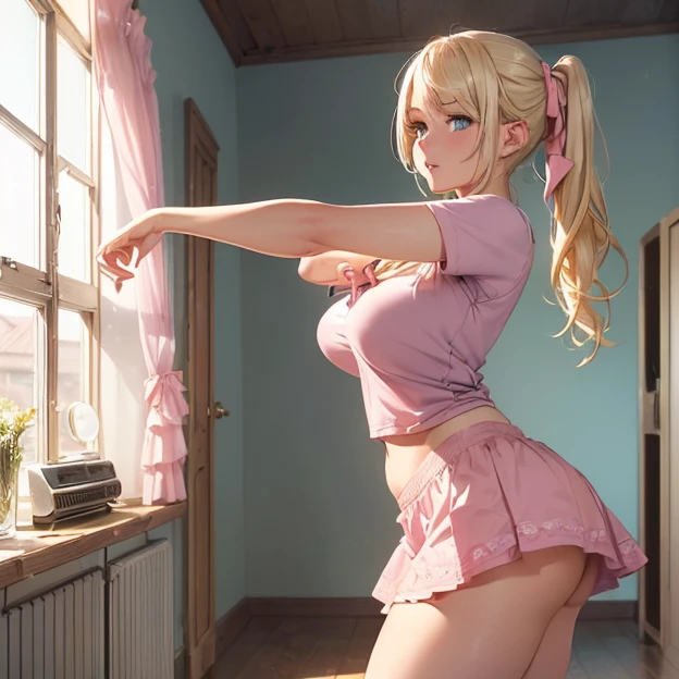 (Best high quality image, very detailed image and textures, carefully detailed image, carefully detailed character, carefully detailed background, carefully detailed textures, character alone, front view)
{{((1character: 29 years old swedish blonde girl citizen), (blonde hair tied in two high-long-pigtails with pink ribbons, fair-pale skin, light blue eyes, thin lips, blonde eyebrows, absolute beauty, voluptuous feminine figure, beautiful arms, beautiful legs, big breasts, big butt, beautiful hips, happy simling face, dancing), (grey t-shirt, pink short skirt, pink shoes), (bedroom, morning, sunrays through the window, musical radio, green carpet, wooden floor))}}