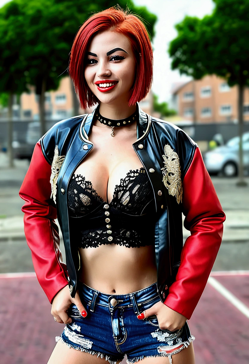 ((large and drooping breasts)) ((1 girl with a mischievous smile)) ((delicious)) ((red punk style bob hair)), greeneyes, slickedback hair, extremely sexy body, choker, (((wearing a top to the stylish bottom of the jacket, bold lace top, shorts jeans curtos))), (best qualityer, ultra detali, photorrealistic: 1.37) extremely detaild, hyper detailled, (((face perfect)), soft lighting, ((best qualityer)), dynamic pose, pose sexy, cute and sexy expression , in square park, at night