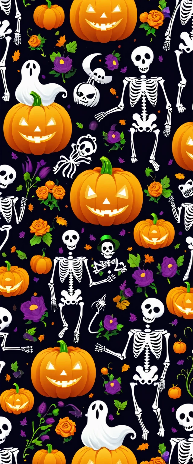 wallpapersv1, skeletons, flower, halloween, pumpkin, ghost patern style wallpapersv1, 8k