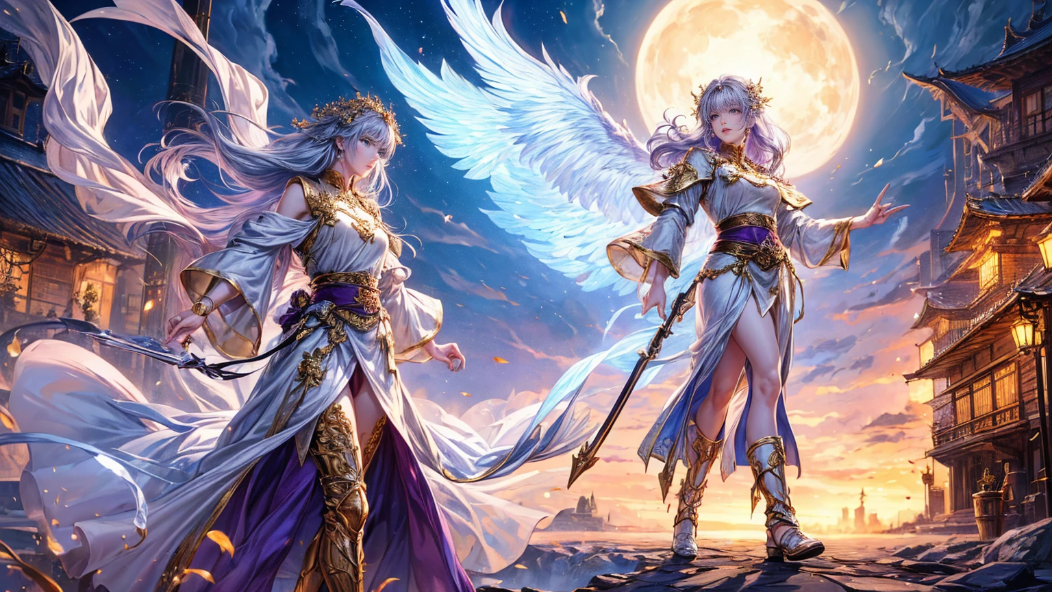 (Highest quality, 8K, CG, Beautiful and exquisite upper body, (8K, Highest quality, masterpiece: 1.2), Fire emblem: Genealogy of the Holy War,Deirdre,purplish-silver hair,Wavy Hair,Fleeting,Long walking stick,White robe,beautiful girl,Moonlit Night,Western-style temple,sexy,Glamour,Purple eyes,sacred,Golden dragon dynamic pose