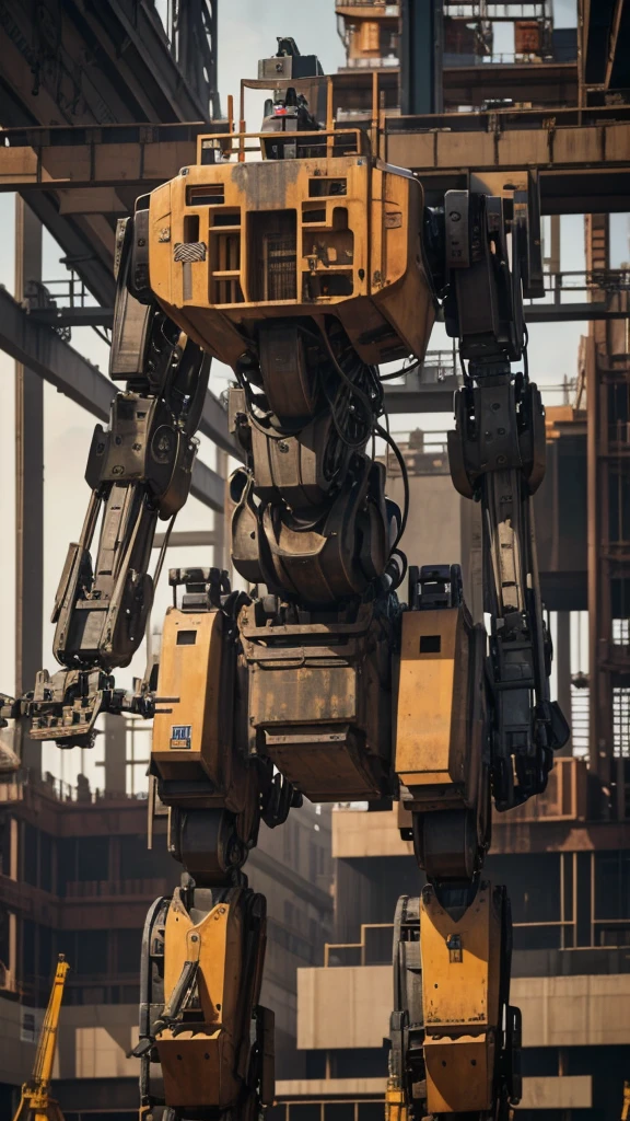 "Create an atmospheric scene at a construction site where a diverse team of iron-bar robots diligently work alongside human counterparts. The focus should capture the intricate blend of these robots seamlessly integrated into the bustling backdrop of cranes, steel beams, and workers, illustrating their pivotal role in modern construction practices."