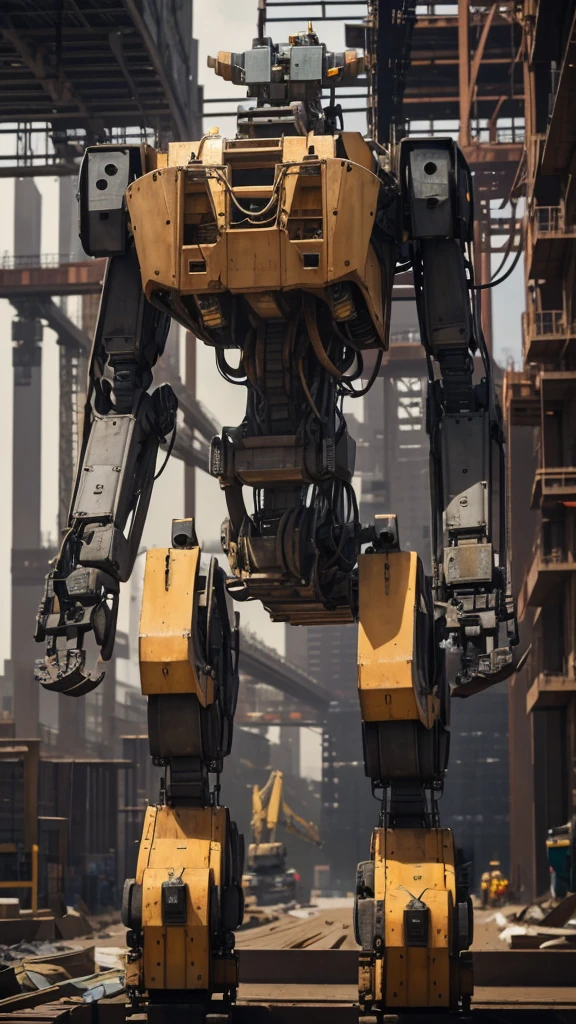"Create an atmospheric scene at a construction site where a diverse team of iron-bar robots diligently work alongside human counterparts. The focus should capture the intricate blend of these robots seamlessly integrated into the bustling backdrop of cranes, steel beams, and workers, illustrating their pivotal role in modern construction practices."
