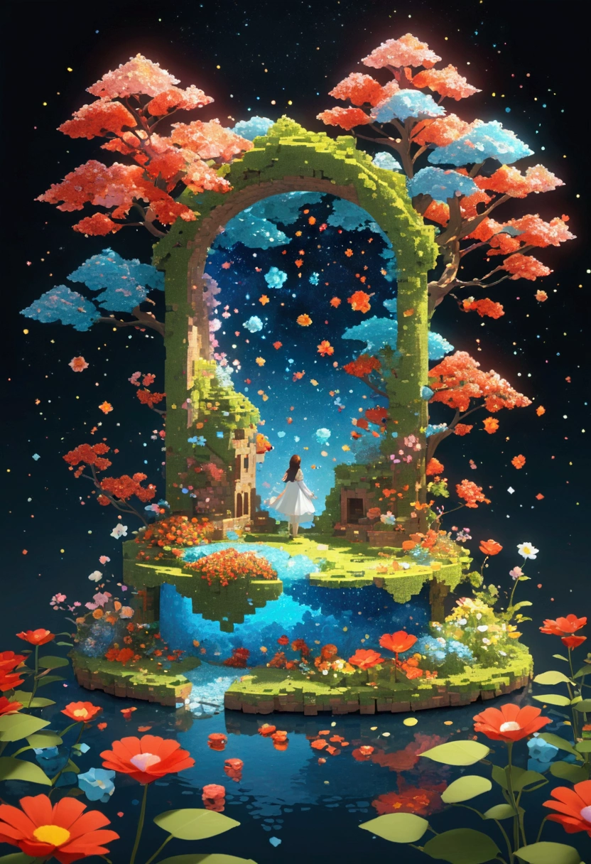 night，Beautiful girl with blue gradient dissolving pixels, 3D Voxel Blocks, A structure that was initially intact but gradually disintegrated in the air, Thousand Flower Glass, Starry Sky，fantasy，magic，mystery，illusory，Dreamy，Inverted, red symmetry, high quality，Octane Rendering，Concept map of the scene,