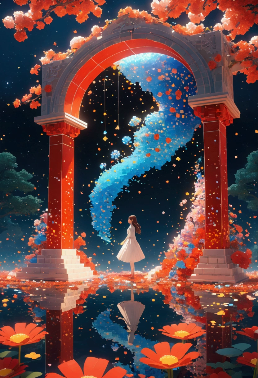 night，Beautiful girl with blue gradient dissolving pixels, 3D Voxel Blocks, A structure that was initially intact but gradually disintegrated in the air, Thousand Flower Glass, Starry Sky，fantasy，magic，mystery，illusory，Dreamy，Inverted, red symmetry, high quality，Octane Rendering，Concept map of the scene,