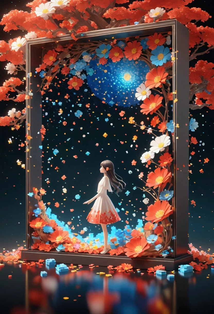 night，Beautiful girl with blue gradient dissolving pixels, 3D Voxel Blocks, A structure that was initially intact but gradually disintegrated in the air, Thousand Flower Glass, Starry Sky，fantasy，magic，mystery，illusory，Dreamy，Inverted, red symmetry, high quality，Octane Rendering，Concept map of the scene,