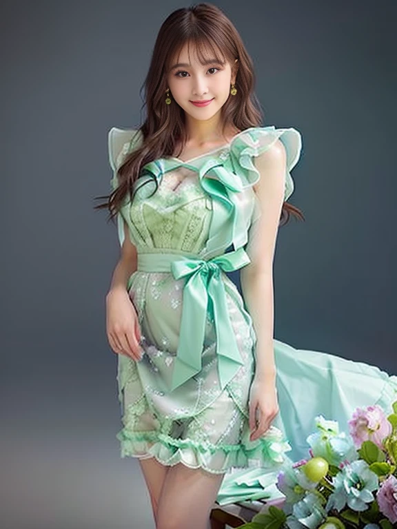 Photo-realistic quality、A woman wearing a dress with ribbons is standing, light Green Dress, Rococo frill dress, Pastel Green, Translucent dress, Grape dress, Elegant Dresses, Fantasy Dress, glamorous ruffled dresses, Green Dress, Stylish dresses, Lace dress, romantic dress, transparent gray dress, Lace dress、Detailed and beautiful eyes、Cute smile、Relaxed, soft and gentle expression、looking at the camera、Emphasize cleavage