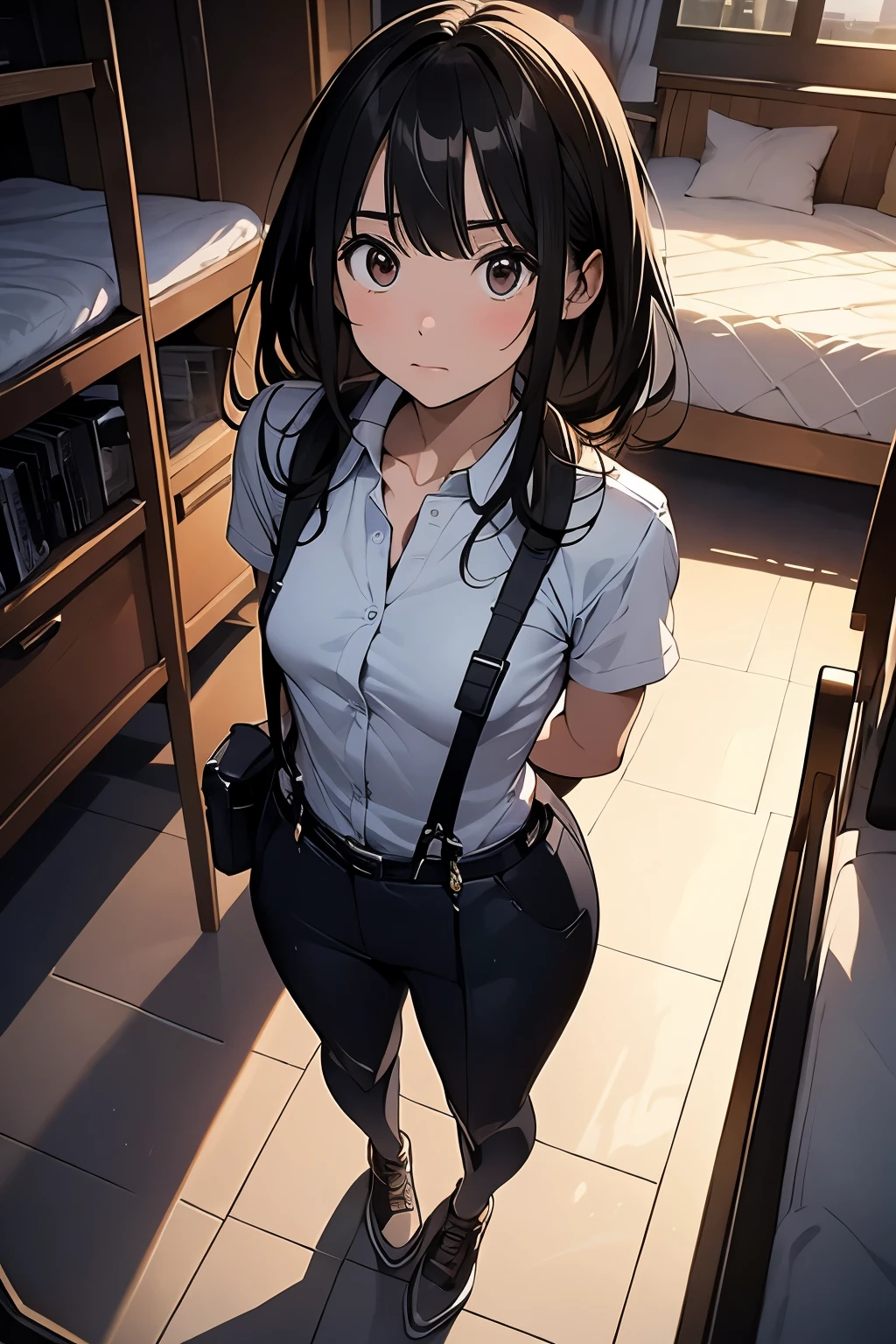 1 female, , high quality, masterpiece, Ultra-high resolution, , Cinema Lighting, , , And the suspenders with the cranes flying Moderate breasts Small face holster Lying in bed Looking up Sweat belt summer 脇Sweat Black Hole Gloves suit shirt Black jacket Black trousers Leg Links ズボンにbelt holster Hands behind your back Anxious expression Looking up Anxious face, legs apart