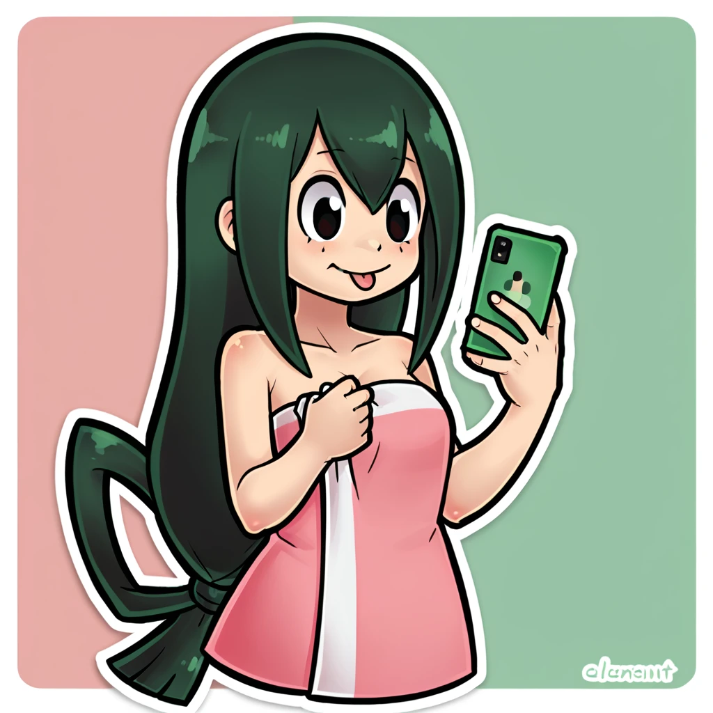 score_9, score_8_up, Tsuyu Asui, wrapped in towel, holding phone, smile, tongue out, female, cute, green hair