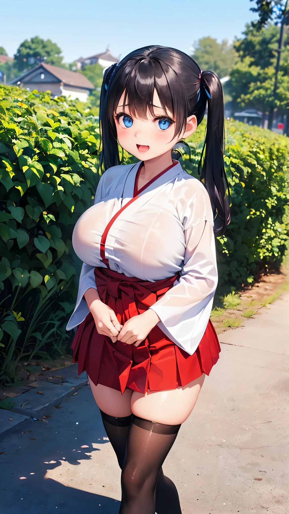 best quality,1girl,((big breasts:1.5)),((((loli,10 years old,,little girl:1.3)))),curvy,orgasm,ahegao,blush,blue eyes,black hair,long hair,((two side up:1.1)),((miko,red hakama,mini skirt,thighhighs:1.1)),((walking)),see through,shrine