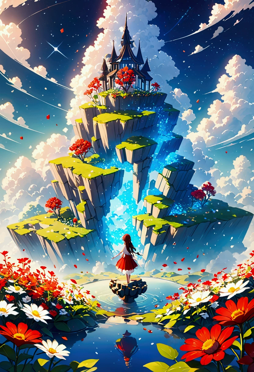 night,Beautiful girl with blue gradient dissolving pixels, 3D Voxel Blocks, A structure that was initially intact but gradually disintegrated in the air, Thousand Flower Glass, Starry Sky,fantasy,magic,mystery,illusory,Dreamy,Inverted, red symmetry, high quality,Octane Rendering,Concept map of the scene,
