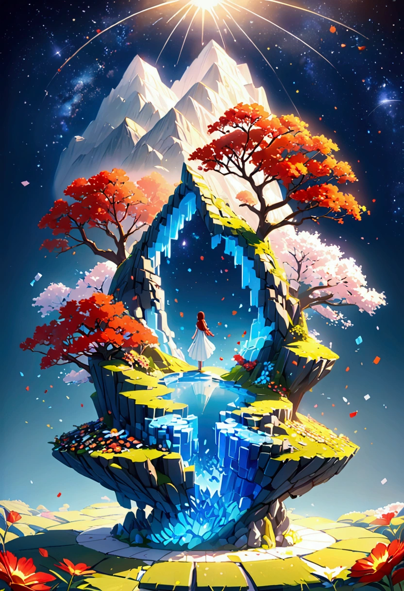 night,Beautiful girl with blue gradient dissolving pixels, 3D Voxel Blocks, A structure that was initially intact but gradually disintegrated in the air, Thousand Flower Glass, Starry Sky,fantasy,magic,mystery,illusory,Dreamy,Inverted, red symmetry, high quality,Octane Rendering,Concept map of the scene,