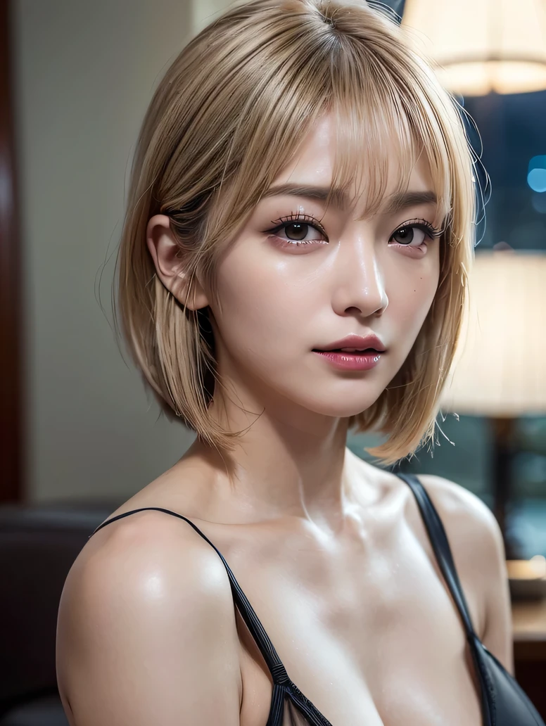 (((Face close-up)))、(((Hotel at night)))、(((Goth)))、((((Thin loungewear)))、Pretty light blonde short bob、Half Japanese and half Korean、50-year-old woman、Looking forward、Light eye makeup、Brown Hair Color、Hair blowing in the wind、quality、Shiny Ultra-Realistic Face、Plump、glossy、Tempting、Sweat、wet、Watery eye、sexly、I feel、Subtle lighting effects、Ultra-Realistic Capture、Very detailed、High resolution 16K human skin closeup。Skin texture must be natural、The detail must be such that the pores are clearly visible.、The skin is healthy、Even Tone、Use natural light and colors、High quality photos taken in-house by a model agency photographer、smile、(((SIGMA 300 mm F/1.4、1/1000 sec shutter、ISO 400)))