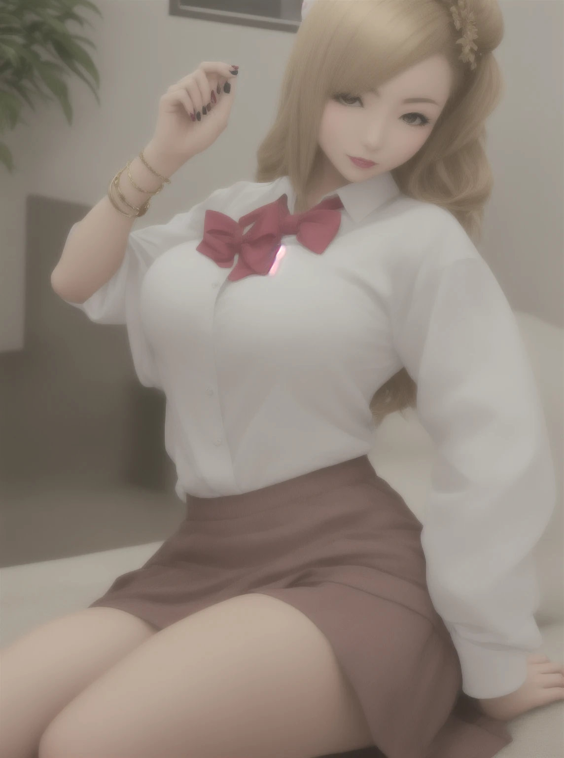 8k, solo beautiful (kogal gyaru) girl, hair accessory, jewellery, makeup, bracelet, painted nails, makeup,
((school uniform)), bow, red pleated skirt, beige sweater, , 1990-2000s Japanese teenage fashion
honey blonde hair, slightly darkish tanned skin